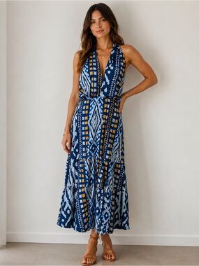 Encantadore Boho Halter Dress Abstract Print Tiered Resort Vacation cottage sz L